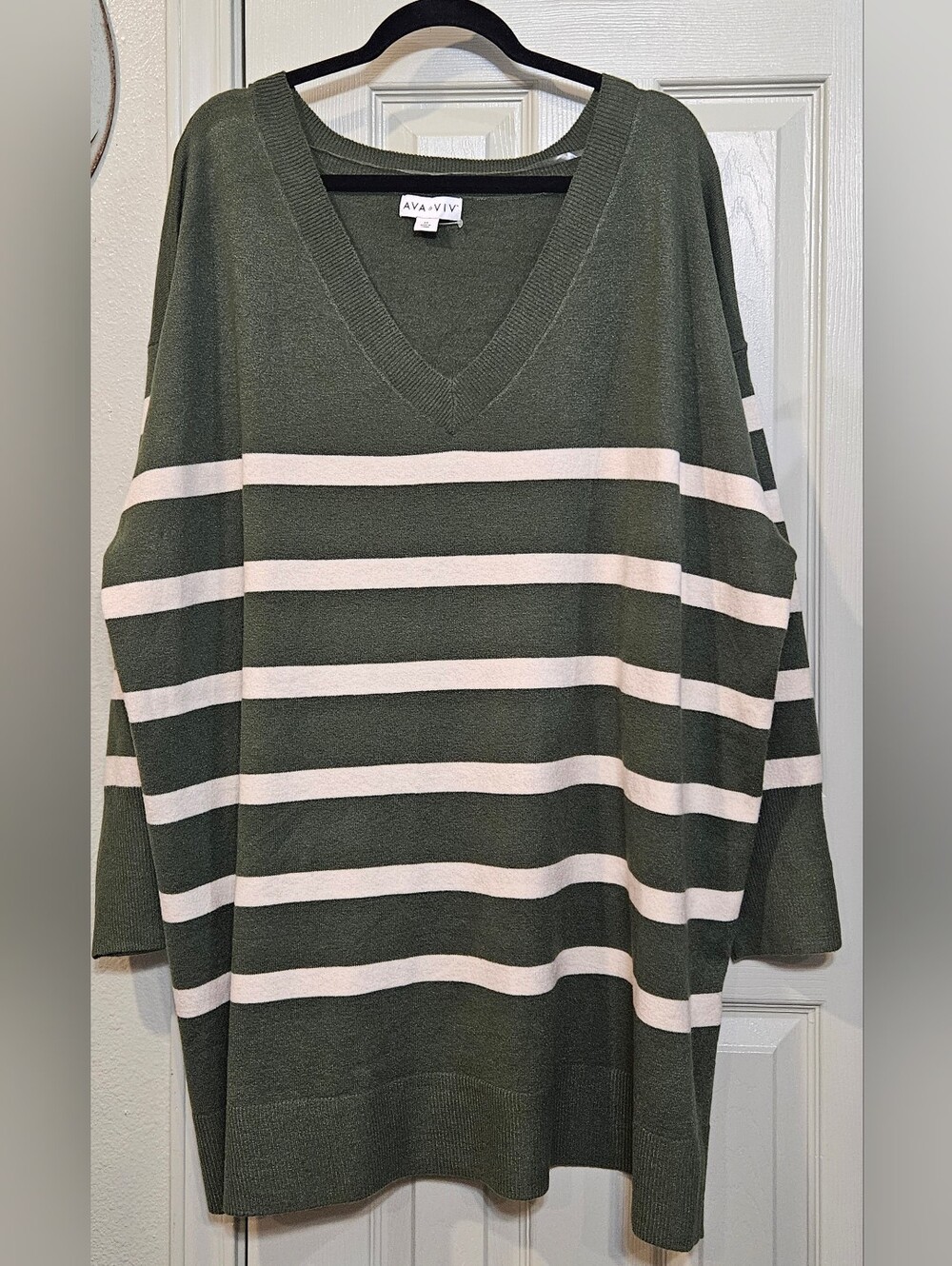 Ava & Viv Olive and Cream Striped V-Neck Sweater Tunic